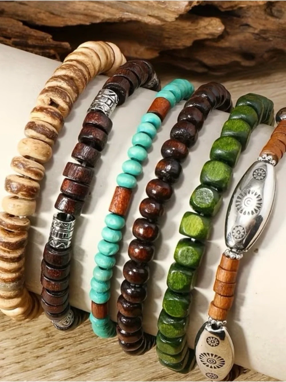 6pcs Bohemian Coconut Shell Wood Bead Bracelet Set in Turquoise, Brown & Black